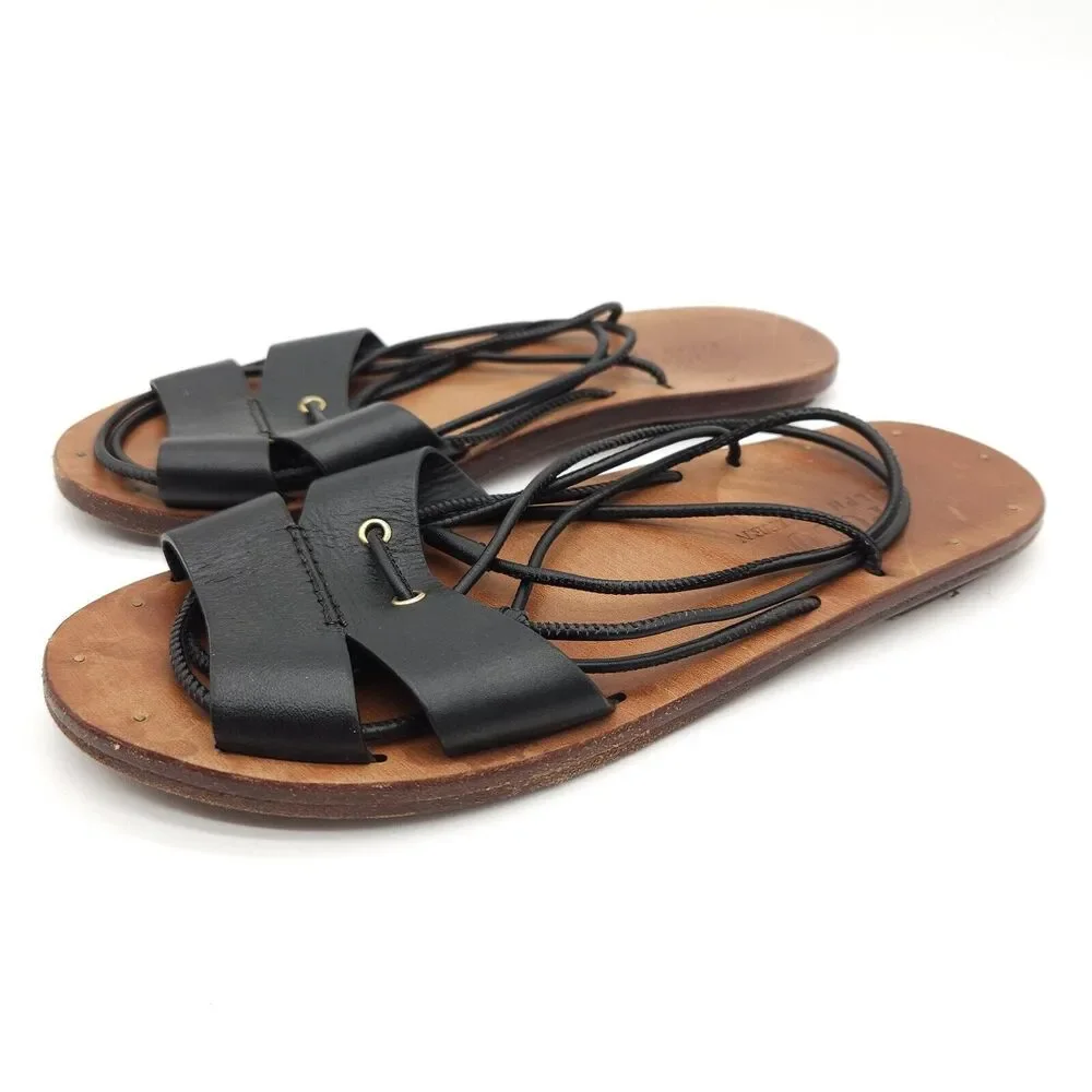Polo Ralph‎ Lauren (Womens Size 6) Leather Flat Leg Lace Up Sandals Shoes Black